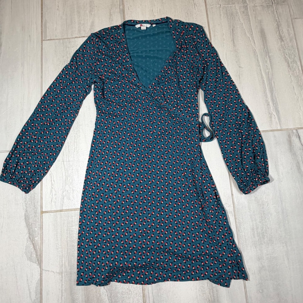 Boden Teal Blue Floral Print Faux Wrap Dress Long Sleeve Petite 8P JO280